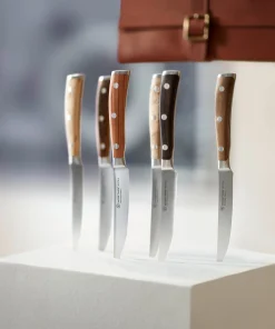 Ikon 6-Piece Mixed Wood Steak Knife Set with Leather Knife Roll
